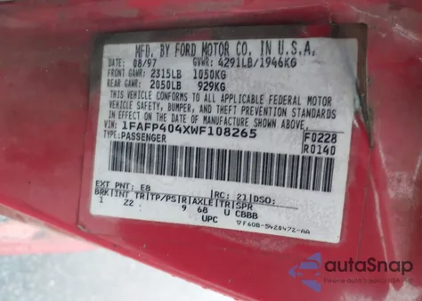 1998 Ford Mustang z USA, uszkodzony, nr VIN 1FAFP404XWF108265